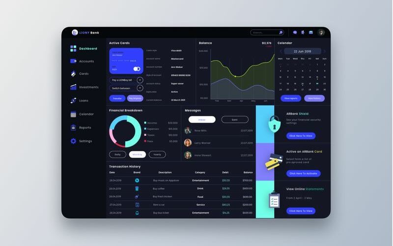 Download Sketch шаблон "LIONY Bank Dashboard UI Sketch Template" / LIONY Bank Dashboard UI Sketch Template - Sketch шаблон на тему графика 