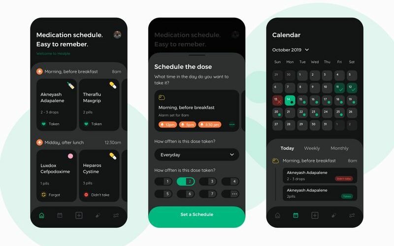 Heaple Darkmode - šablona náčrtu uživatelského rozhraní lékařské mobilní aplikace