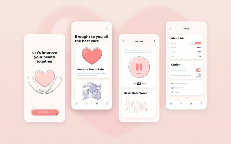 Interfaccia utente di misurazione della frequenza cardiaca per il modello di schizzo dell'applicazione sanitaria