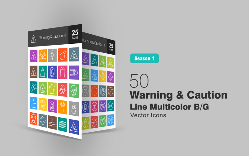 Download Набор иконок "50 Warning & Caution Line Multicolor B/G Icon Set" / 50 Warning & Caution Line Multicolor B/G Icon Set - Набор иконок на тему графика warning icon caution danger death sign explosion flammable construction garbage acid alarm rain radiation poisonous gas slipping flash crush zone