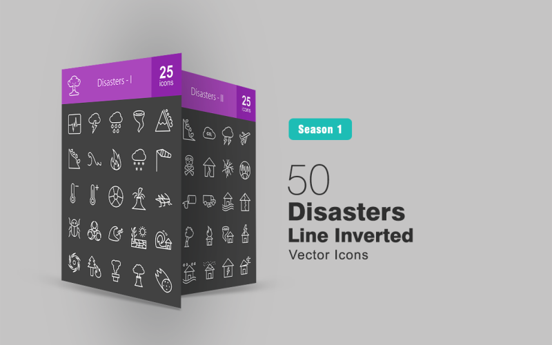 Download Набор иконок "50 Disasters Line Inverted Icon Set" / 50 Disasters Line Inverted Icon Set - Набор иконок на тему графика disaster,icon,earthquake,lightning,rain,hurricane,landslide,storm,fire,snow,volcano,epidemic,floods,drought,tsunami,cyclone,toxicity,thunderstorm,fuel,leakage