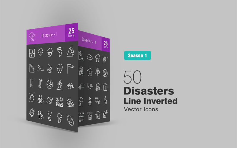 Ensemble d'icônes inversées de 50 catastrophes