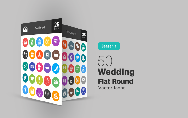 50 esküvői lapos kerek ikon készlet