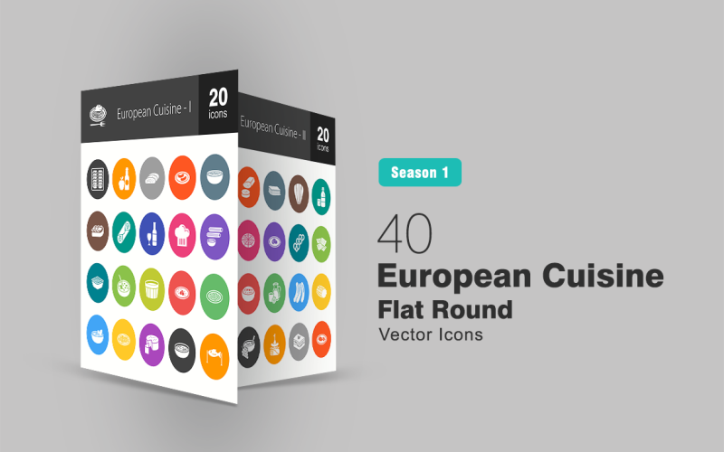 Download Набор иконок "40 European Cuisine Flat Round Icon Set" / 40 European Cuisine Flat Round Icon Set - Набор иконок на тему графика europe,icon,cuisine,food,cooking,european,apple,cider,wine,sausages,soup,bread,champagne,chef,coleslaw,salad,cream,cheese,fish,lasagne