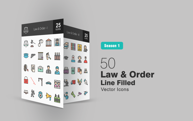 Download Набор иконок "50 Law & Order Filled Line Icon Set" / 50 Law & Order Filled Line Icon Set - Набор иконок на тему графика law icon order balance court crime criminal files judge police officer jail locker gallows book certificate jury fighting iconbunny flat