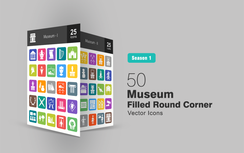 Download Набор иконок "50 Museum Filled Round Corner Icon Set" / 50 Museum Filled Round Corner Icon Set - Набор иконок на тему графика museum,icon,building,antique,harp,castle,scroll,ancient,painting,monument,display,map,exhibit,canvass,escalator,jewel,sculpture,crown,dinosaur,tag