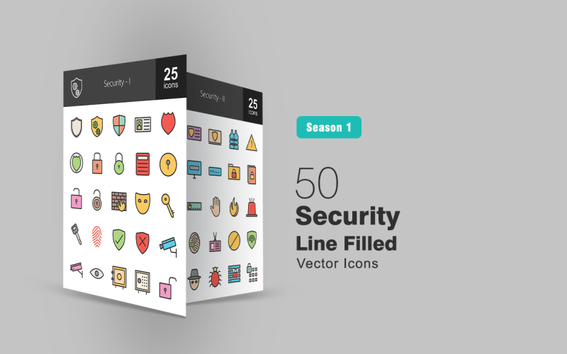 Download Набор иконок "50 Security Filled Line Icon Set" / 50 Security Filled Line Icon Set - Набор иконок на тему графика security icon shield identity card police badge lock key firewall mask fingerprint camera eye vault unlock protection system vest warning