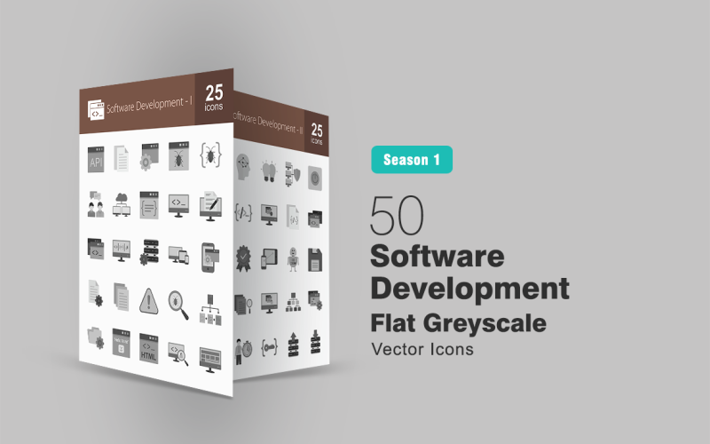 50 Software Development Flat Greyscale Icon Set