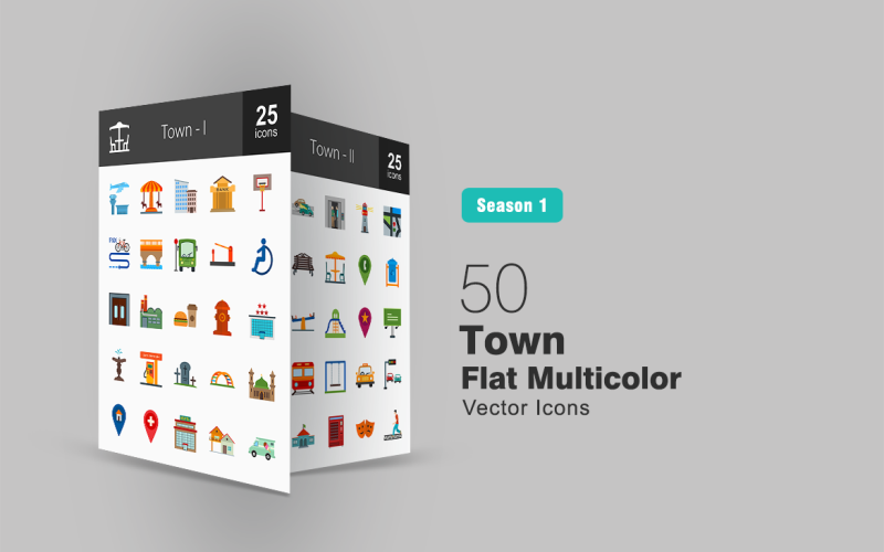 50 Town Flat Multicolor-Icon-Set
