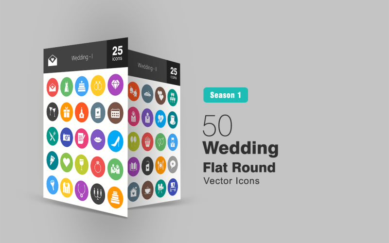Download Набор иконок "50 Wedding Flat Round Icon Set" / 50 Wedding Flat Round Icon Set - Набор иконок на тему графика wedding icon bride groom cake rings invitation calendar date flowers drinks necklace music coffee dinner heels heart bells iconbunny flat