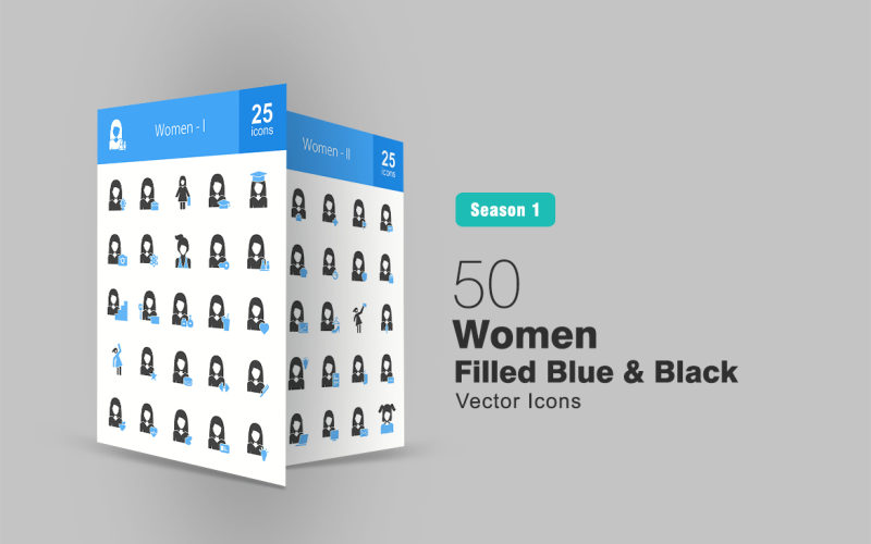 Download Набор иконок "50 Women Filled Blue & Black Icon Set" / 50 Women Filled Blue & Black Icon Set - Набор иконок на тему графика woman,icon,women,lady,female,girl,avatar,user,face,social,human,businesswoman,educated,working,stylish,sports,ladies,feminine,feminist,iconbunny