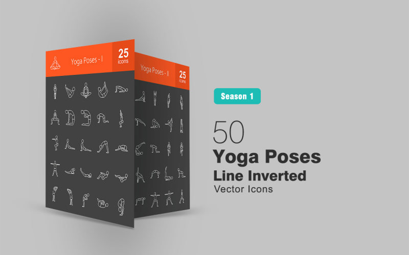 50 Yoga Çizgi Ters Icon Set Pozlar