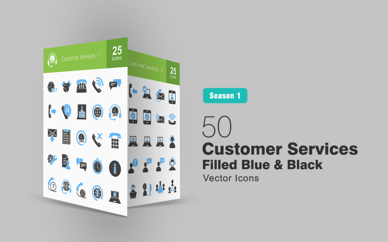 Download Набор иконок "50 Customer Services Filled Blue & Black Icon Set" / 50 Customer Services Filled Blue & Black Icon Set - Набор иконок на тему графика customer services icon handshake call message communicate help information support checklist configurations data global online contact us email text question
