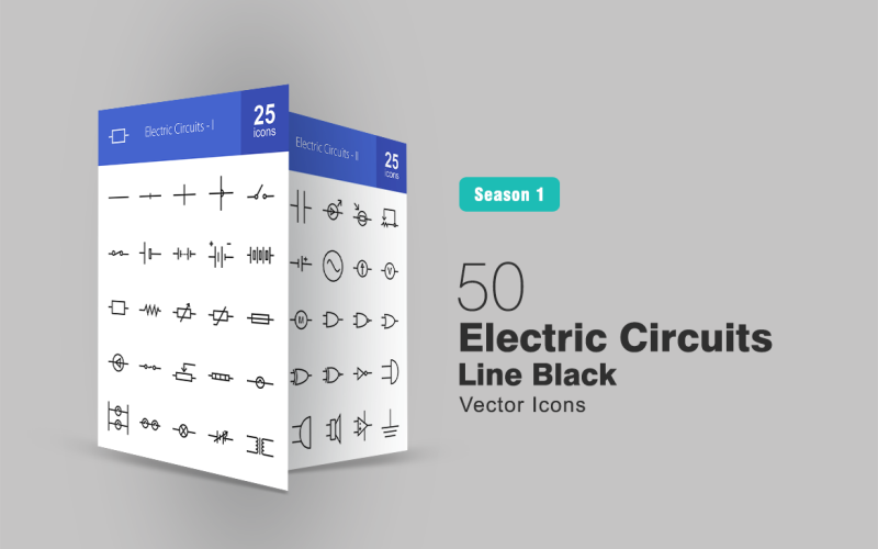 Download Набор иконок "50 Electric Circuits Line Icon Set" / 50 Electric Circuits Line Icon Set - Набор иконок на тему графика electric icon circuits wire connection switch cell battery resistor fuse lamp heating element transformer inductor capacitor diode motor ammeter iconbunny