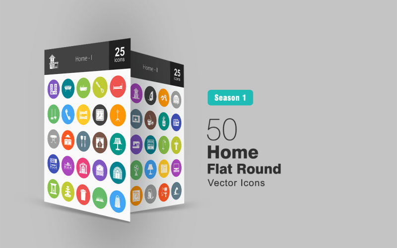 50 hem platt rund ikonuppsättning
