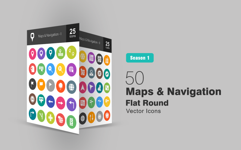 Download Набор иконок "50 Maps & Navigation Flat Round Icon Set" / 50 Maps & Navigation Flat Round Icon Set - Набор иконок на тему графика maps icon navigation marker destination distance location explore direction find flag globe gps road earth marked compass pointer iconbunny