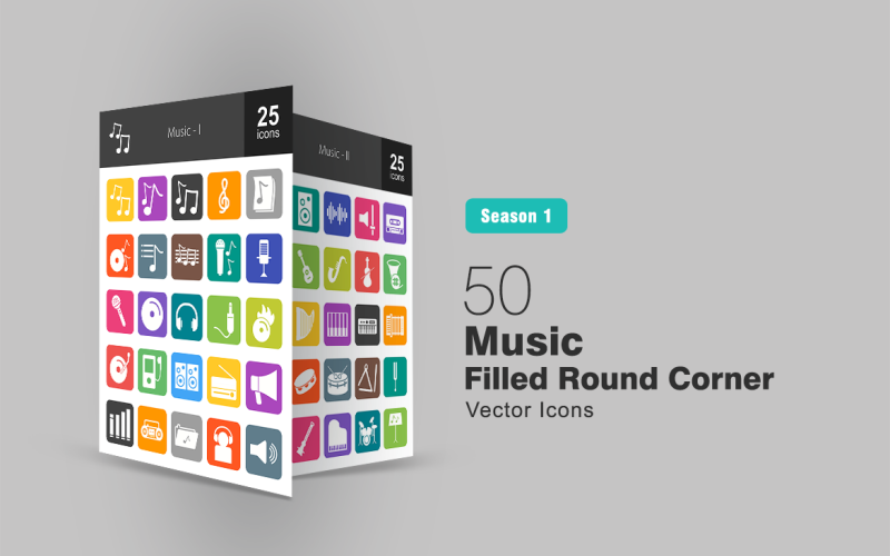 Download Набор иконок "50 Music Filled Round Corner Icon Set" / 50 Music Filled Round Corner Icon Set - Набор иконок на тему графика music icon notes note options staff singing microphone disc playing headphones cd speakers radio cassette player folder volume controller guitar