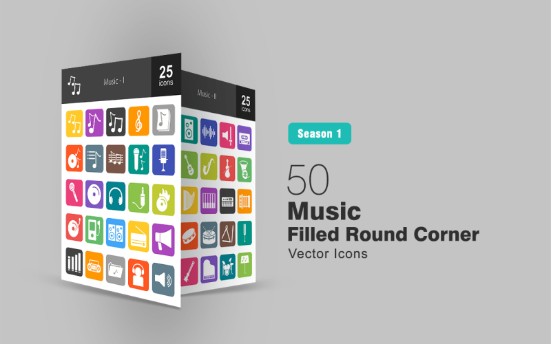 50 muziek gevuld ronde hoek Icon Set