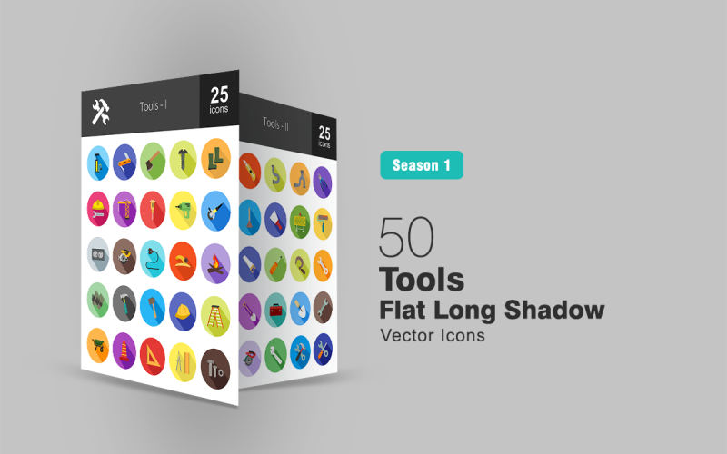 Download Набор иконок "50 Tools Flat Long Shadow Icon Set" / 50 Tools Flat Long Shadow Icon Set - Набор иконок на тему графика tools icon knife axe nut and bolt construction crane machine driller electric plug wire tap flame gloves hammer hat ladder
