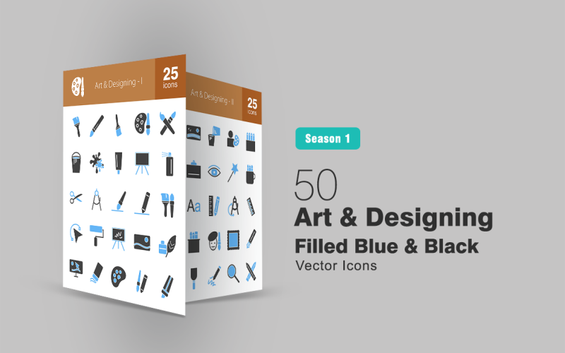 Download Набор иконок "50 Art & Designing Filled Blue & Black Icon Set" / 50 Art & Designing Filled Blue & Black Icon Set - Набор иконок на тему графика art icon designing design brush pencil paint spray scissors canvass image eraser artist grid clipboard colors tool drawing iconbunny flat