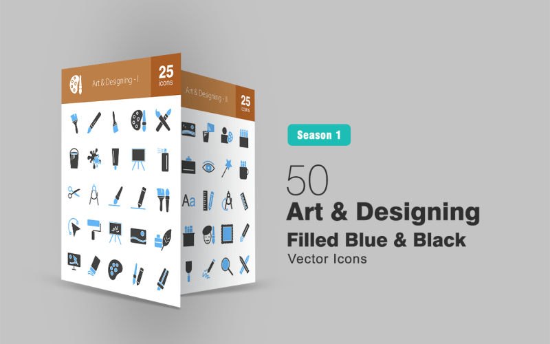 50 Art & Designing Dolu Mavi & Siyah İkon Seti