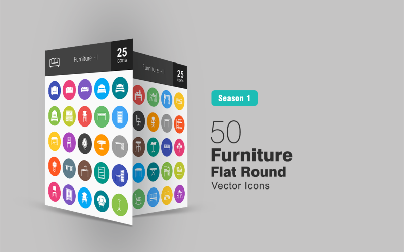 50 bútor lapos kerek ikon készlet