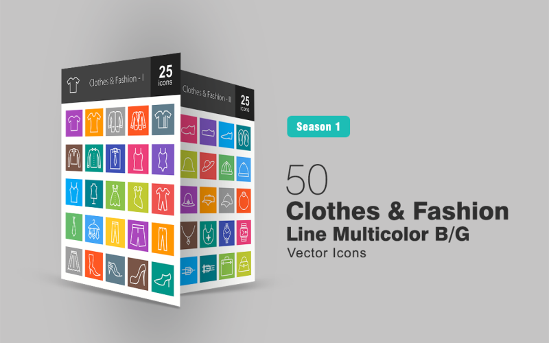 Download Набор иконок "50 Clothes & Fashion Line Multicolor B/G Icon Set" / 50 Clothes & Fashion Line Multicolor B/G Icon Set - Набор иконок на тему графика clothes icon fashion apparel pants shirt tie shoes bag belt watch shorts trousers boots hat cap dress glasses iconbunny flat