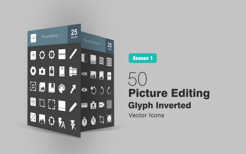 Conjunto de iconos invertidos de 50 glifos de edición de imágenes