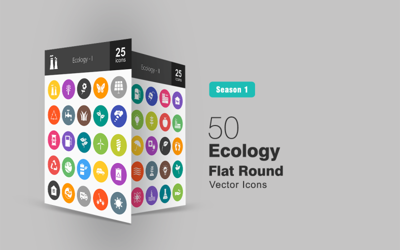 50 ekologi platt rund ikonuppsättning