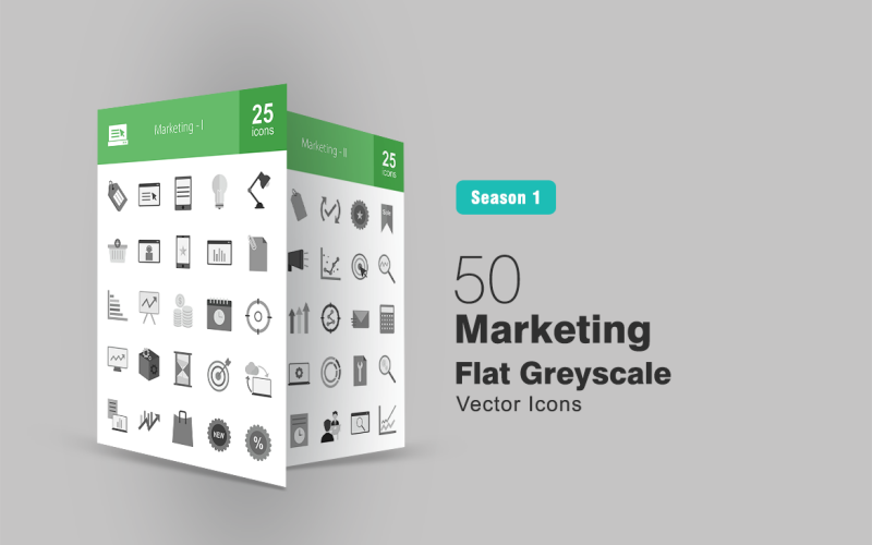50 ensemble d'icônes marketing plat en niveaux de gris