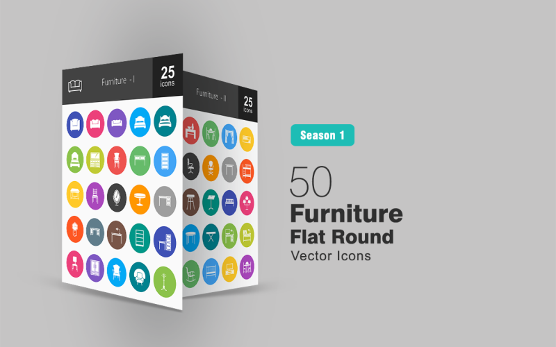 Download Набор иконок "50 Furniture Flat Round Icon Set" / 50 Furniture Flat Round Icon Set - Набор иконок на тему графика furniture icon bed sofa table chair drawer cupboard desk shelf stool stand lamp curtains dining bench mirror clock iconbunny flat