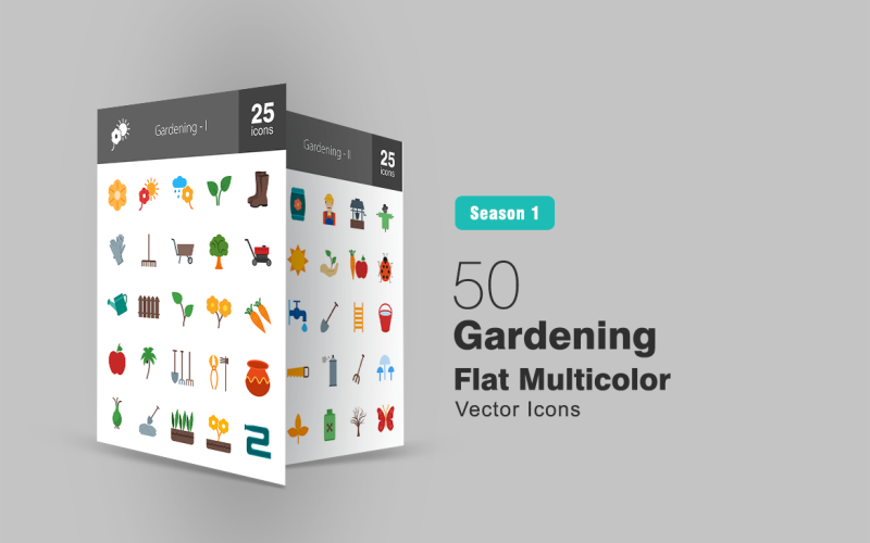 Download Набор иконок "50 Gardening Flat Multicolor Icon Set" / 50 Gardening Flat Multicolor Icon Set - Набор иконок на тему графика gardening icon planting plantation flower leaves trees lawn water fence plant fruits vegetables pesticide insect shovel gardener farming iconbunny flat