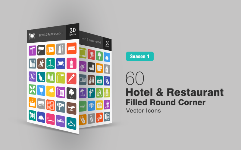 Download Набор иконок "60 Hotel & Restaurant Filled Round Corner Icon Set" / 60 Hotel & Restaurant Filled Round Corner Icon Set - Набор иконок на тему графика hotel icon restaurant vacations luggage aeroplane dinner cigarette van security lock directions drink bed waiter lunch wifi connection bowling beach