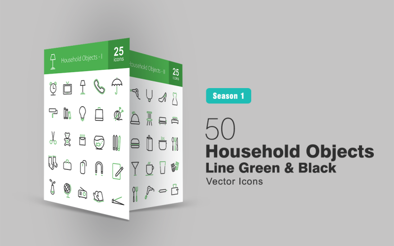 Download Набор иконок "50 Household Objects Line Green & Black Icon Set" / 50 Household Objects Line Green & Black Icon Set - Набор иконок на тему графика household icon objects items clock phone books bulb shopping bag shoes kitchen accessories mirror crockery milk toaster socks pencils burger