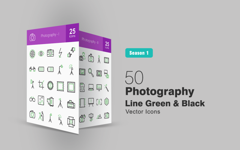 50 Photography Line Yeşil ve Siyah Simge Seti