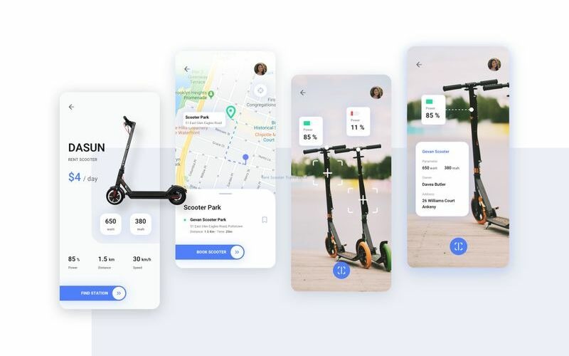 Download Sketch шаблон "Rent Scooter Travel UI Kit Sketch Template" / Rent Scooter Travel UI Kit Sketch Template - Sketch шаблон на тему графика 