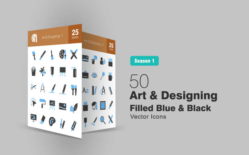 Sada 50 umění a designu vyplněná modrá a černá sada ikon