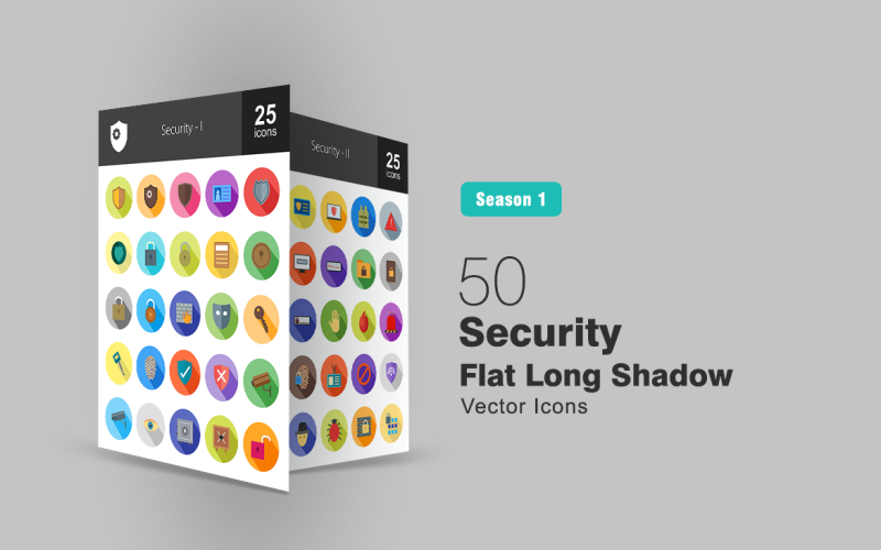 Download Набор иконок "50 Security Flat Long Shadow Icon Set" / 50 Security Flat Long Shadow Icon Set - Набор иконок на тему графика security icon shield identity card police badge lock key firewall mask fingerprint camera eye vault unlock protection system vest warning