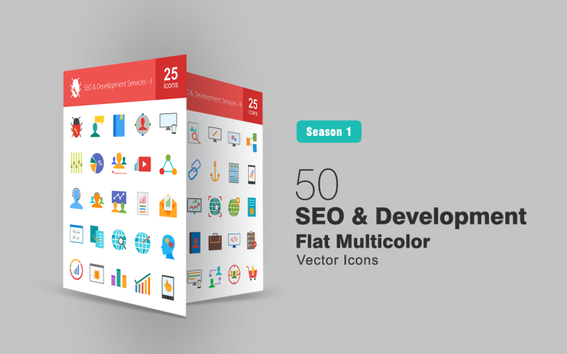 Download Набор иконок "50 SEO & Development Flat Multicolor Icon Set" / 50 SEO & Development Flat Multicolor Icon Set - Набор иконок на тему графика seo icon development services blog responsive design competitor analysis related content email marketing customer support mobile application game developing monitoring
