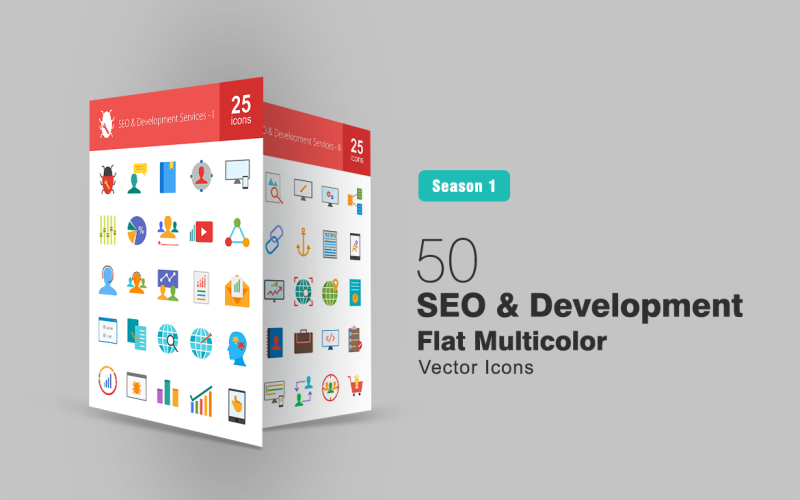 50 SEO & vývoj ploché barevné ikony Set