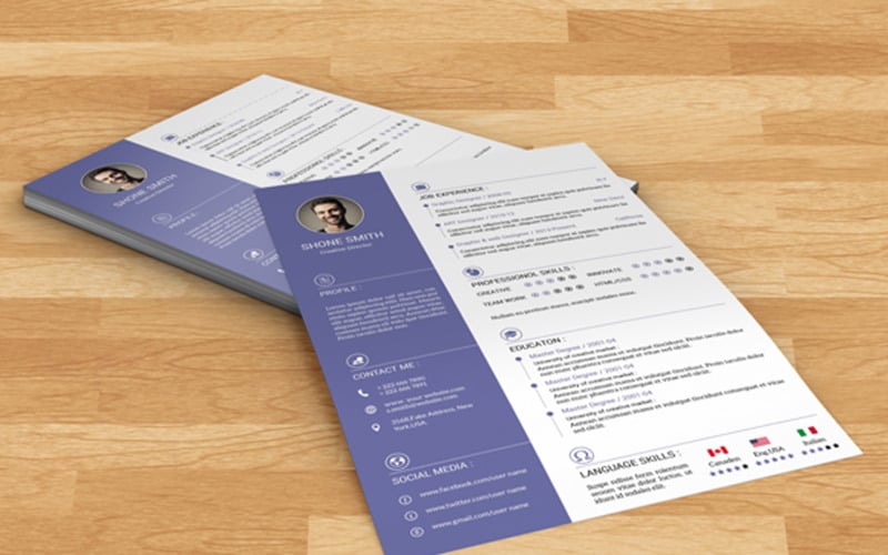 Download Резюме "Shone Clean Resume Template" / Shone Clean Resume Template - Резюме на тему графика resume,cv,design,template,biodata,creative,clean,minimal,job,student,layout,purple,professional,cover