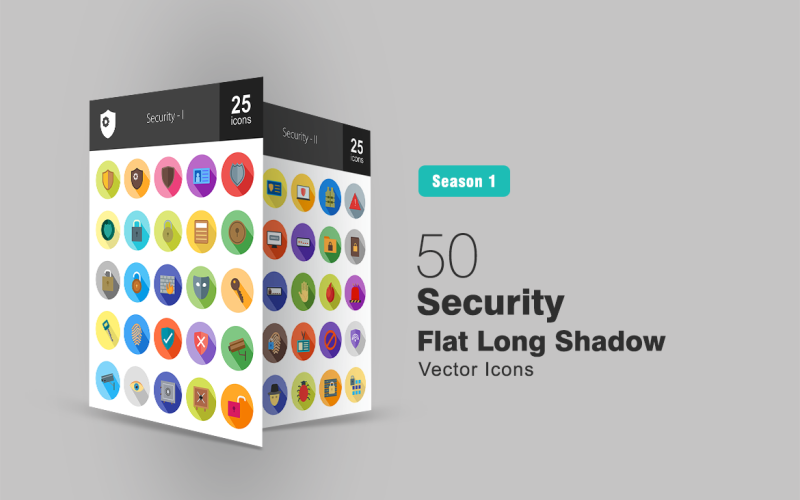 Zestaw 50 ikon bezpieczeństwa płaski długi cień