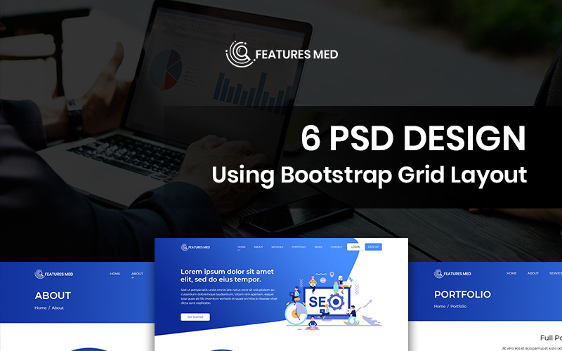Download PSD шаблон "Features Med - SEO Services PSD Template" / Features Med - SEO Services PSD Template - PSD шаблон на тему графика seo services theme template photoshop psd