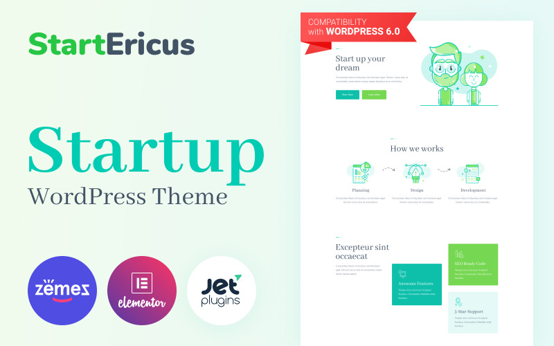 StartEricus - Schoon en minimalistisch startup-landingspagina WordPress-thema