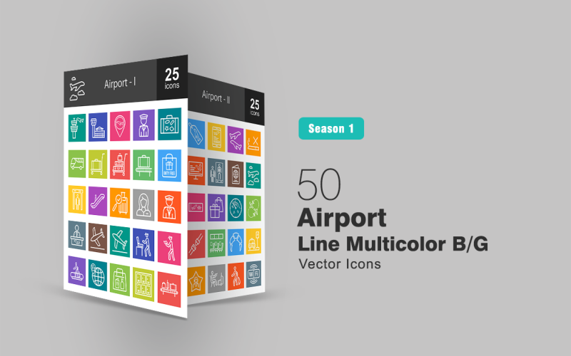 Download Набор иконок "50 Airport Line Multicolor B/G Icon Set" / 50 Airport Line Multicolor B/G Icon Set - Набор иконок на тему графика airport,icon,building,security,bus,luggage,passanger,crew,flight,plane,aeroplane,bag,fly,pilot,hostess,information,ticket,runway,seats,passport