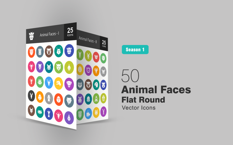 Download Набор иконок "50 Animal Faces Flat Round Icon Set" / 50 Animal Faces Flat Round Icon Set - Набор иконок на тему графика animals,icon,ape,bear,bee,buffalo,camel,cat,chicken,cow,deer,dog,donkey,duck,elephant,frog,gpat,horse,kangaroo,lion