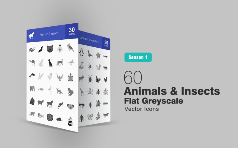 Download Набор иконок "60 Animals & Insects Flat Greyscale Icon Set" / 60 Animals & Insects Flat Greyscale Icon Set - Набор иконок на тему графика animals icon insects elephant snake horse lion bug fly butterfly sheep goat fish bird bee bear monkey frog iconbunny flat