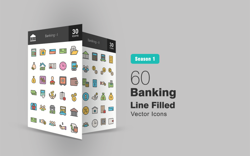 Download Набор иконок "60 Banking Filled Line Icon Set" / 60 Banking Filled Line Icon Set - Набор иконок на тему графика banking icons bank accounts finance accountant customer calculation billing cheque demand draft account vault money monetary donation currency economy iconbunny