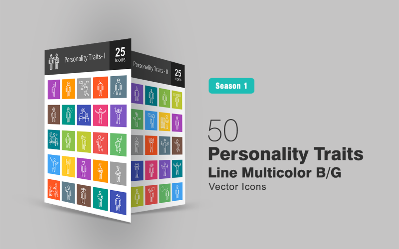 Conjunto de ícones de 50 traços de personalidade multicolor B / G