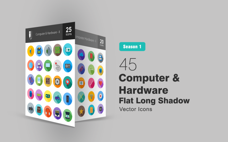 45 Conjunto de ícones de sombra longa plana para computador e hardware